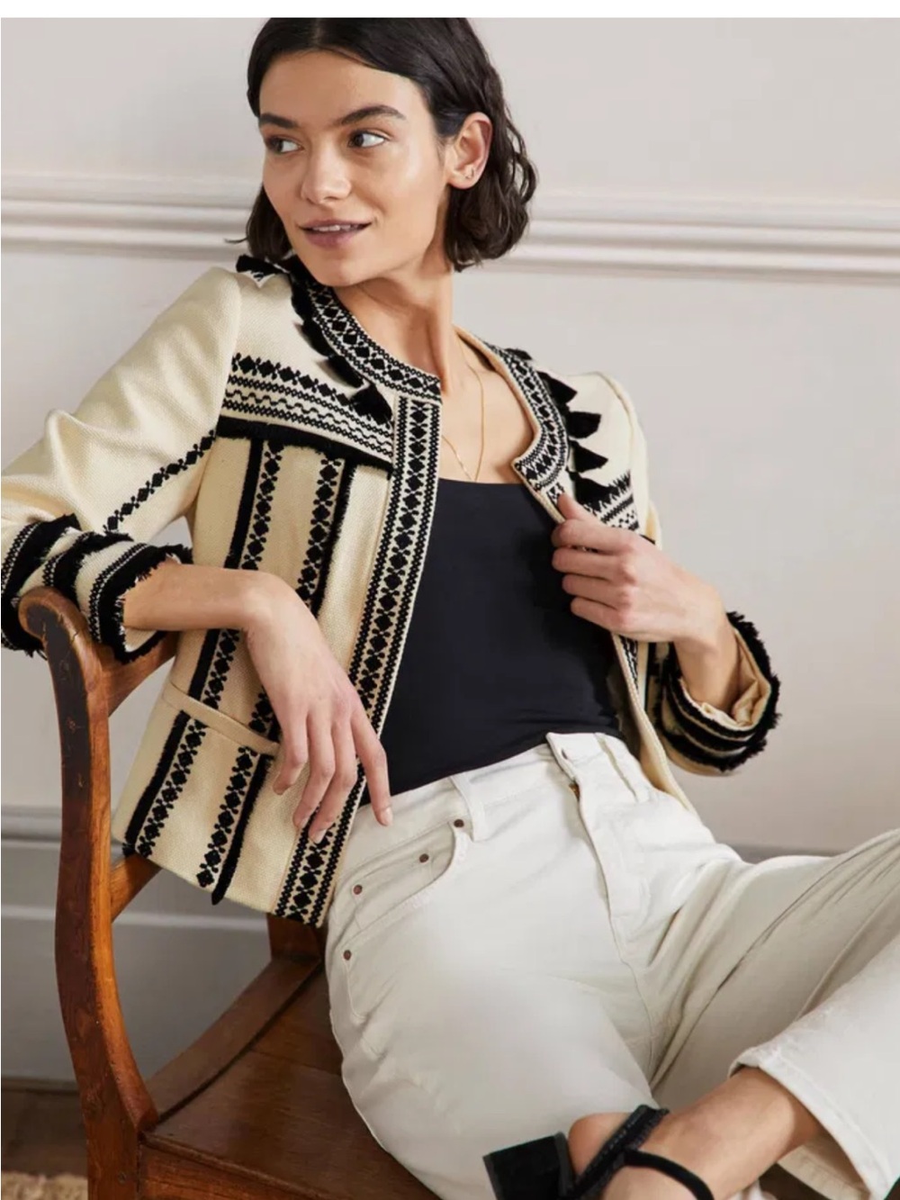 Boden Cream Jacket with Black Embroidered Trim NWT